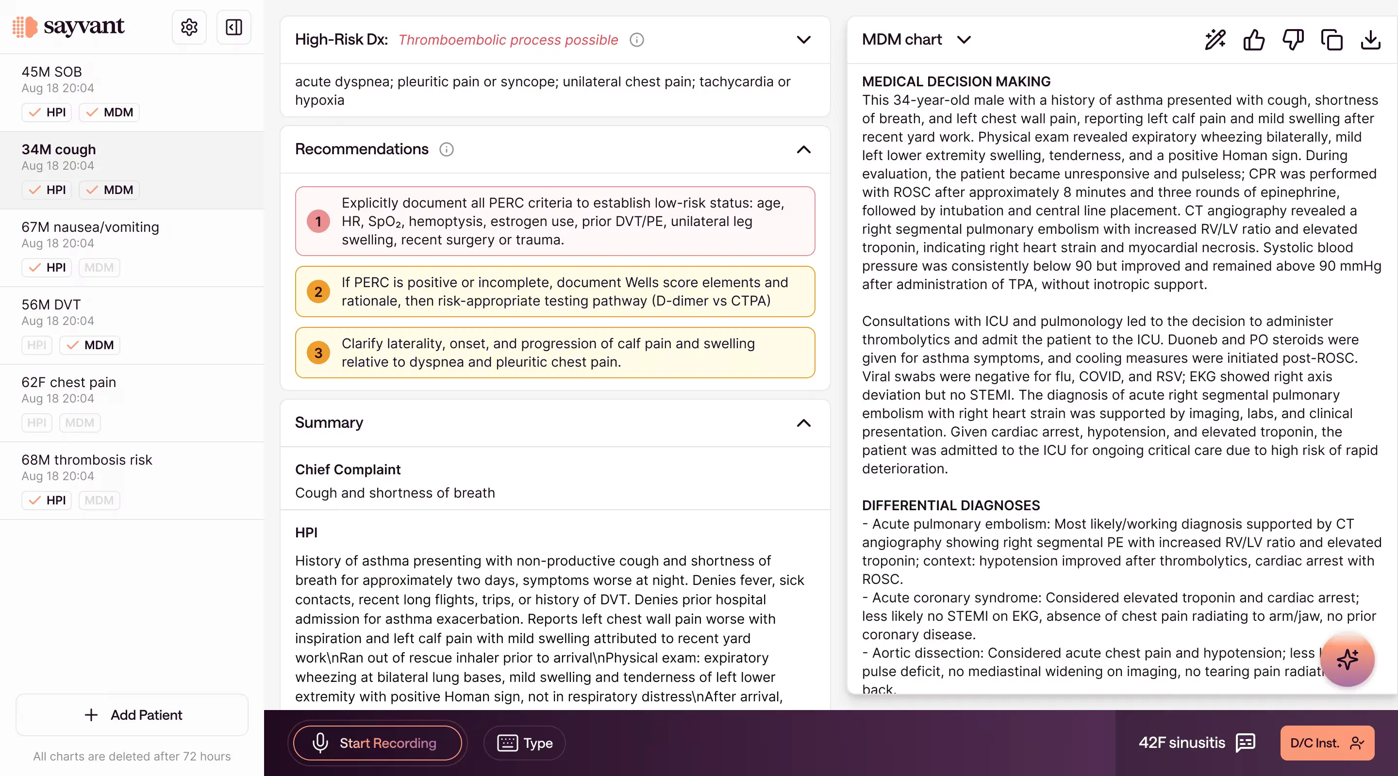 Sayvant clinical documentation interface showing chart reasoning and quality recommendations